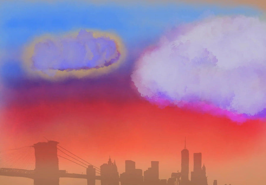 A colorful watercolor-style city skyline at sunset with two large clouds in blue, purple, pink, and orange tones above a silhouetted skyline.