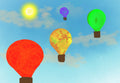 A whimsical illustration of four colorful hot air balloons floating in a light blue sky with soft white clouds and a bright yellow sun. The balloons are red, orange-yellow, green, and purple, each with a brown basket below.