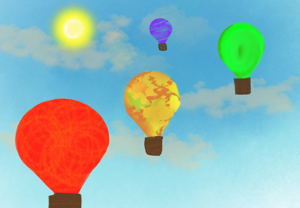 A whimsical illustration of four colorful hot air balloons floating in a light blue sky with soft white clouds and a bright yellow sun. The balloons are red, orange-yellow, green, and purple, each with a brown basket below.