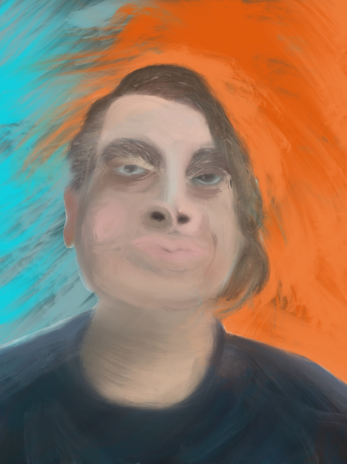 A stylized digital portrait painting of a person with a neutral expression, set against a vibrant background split between bright orange and cyan blue brushstrokes.