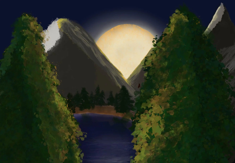 A digital painting of a mountain landscape at night, featuring a large glowing full moon behind dark gray peaks, flanked by tall green pine trees and a peaceful lake in the foreground.