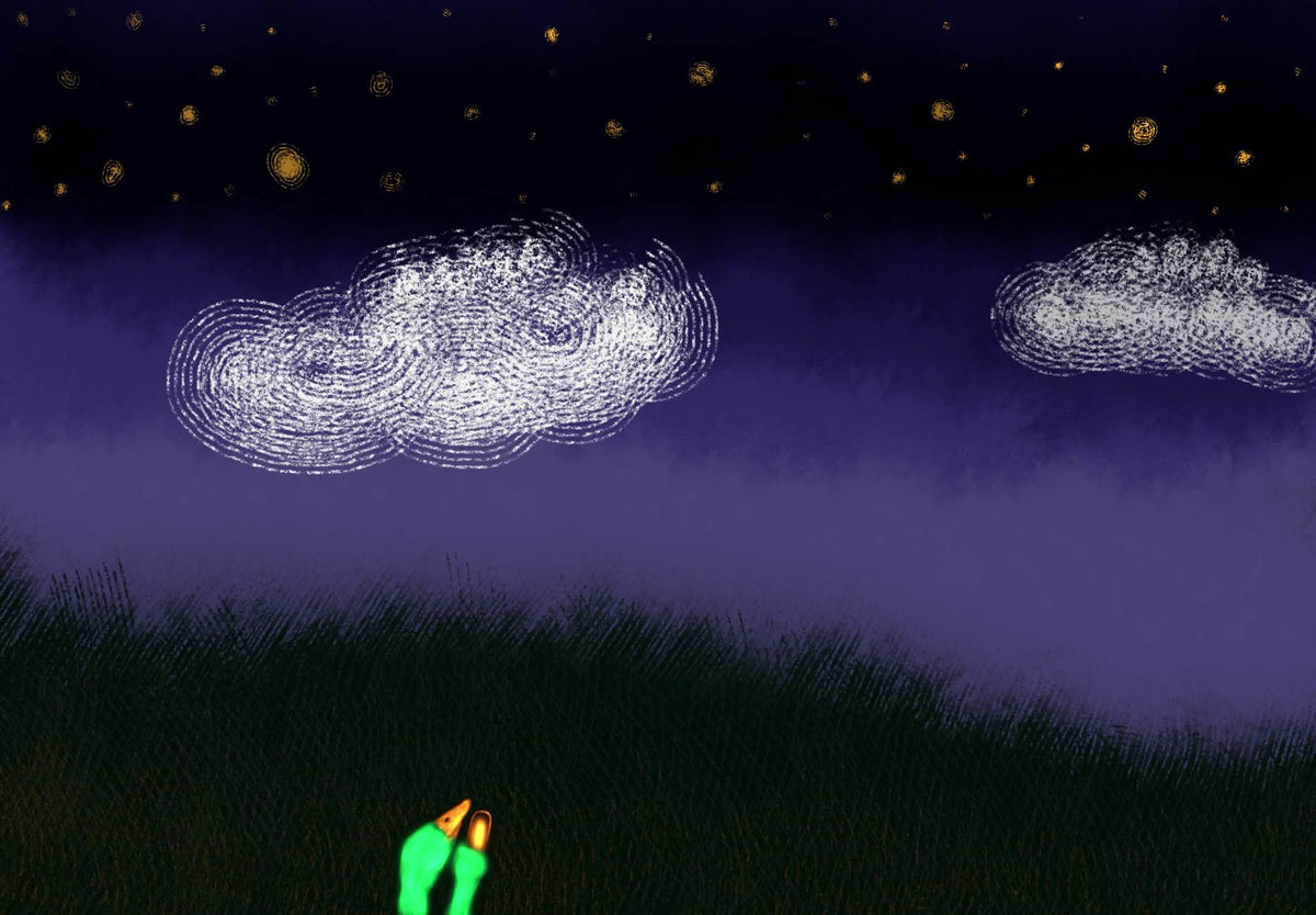 A stylized night landscape artwork showing a dark starry sky, two glowing white clouds, a purple misty horizon, and a two small, glowing green ducks. 