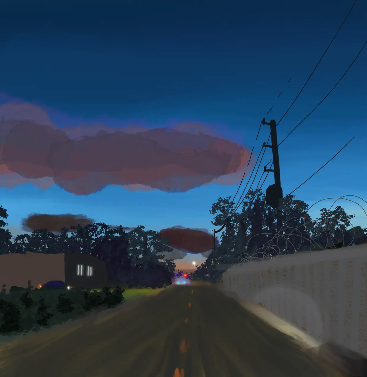 A stylized digital painting of a road at dusk, with a dark blue sky, purple and pink clouds, trees, a utility pole, and a light-colored barbed wire fence.