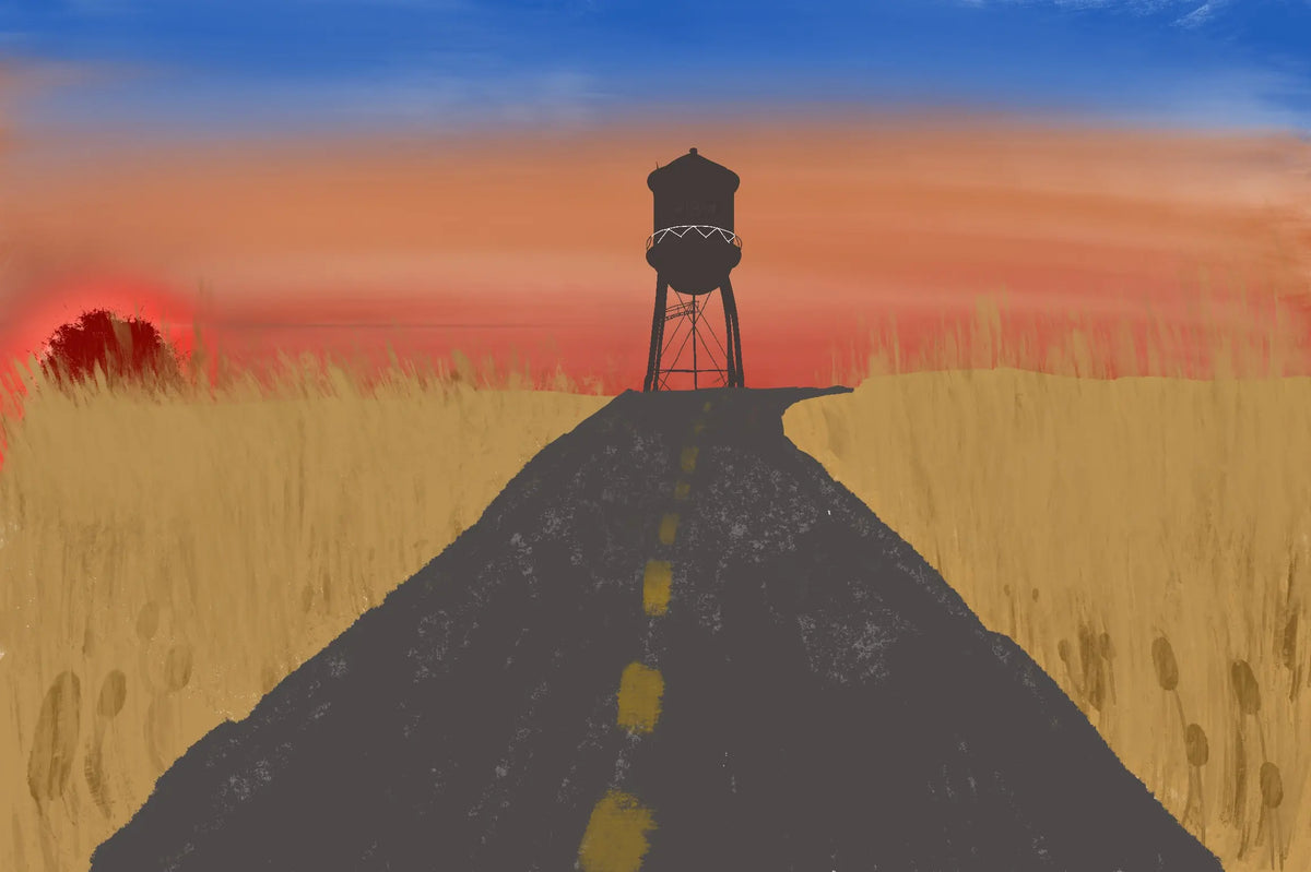 Water Tower at Dusk Wall Art – atmospheric roadside landscape print